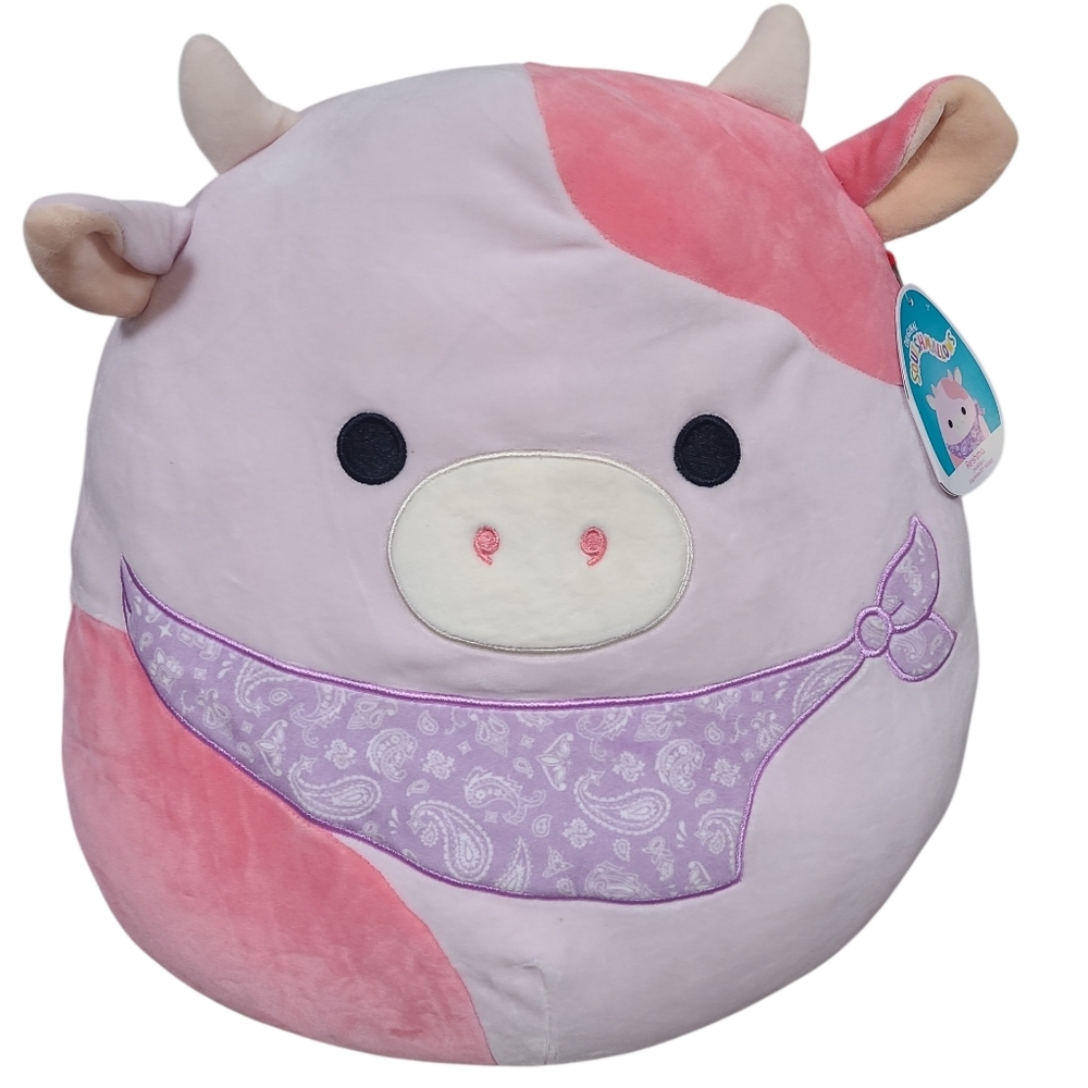 Squishmallows Reshma 15" Cow Plush Purple Bandana Pink Stuffed Animal Toy Pillow